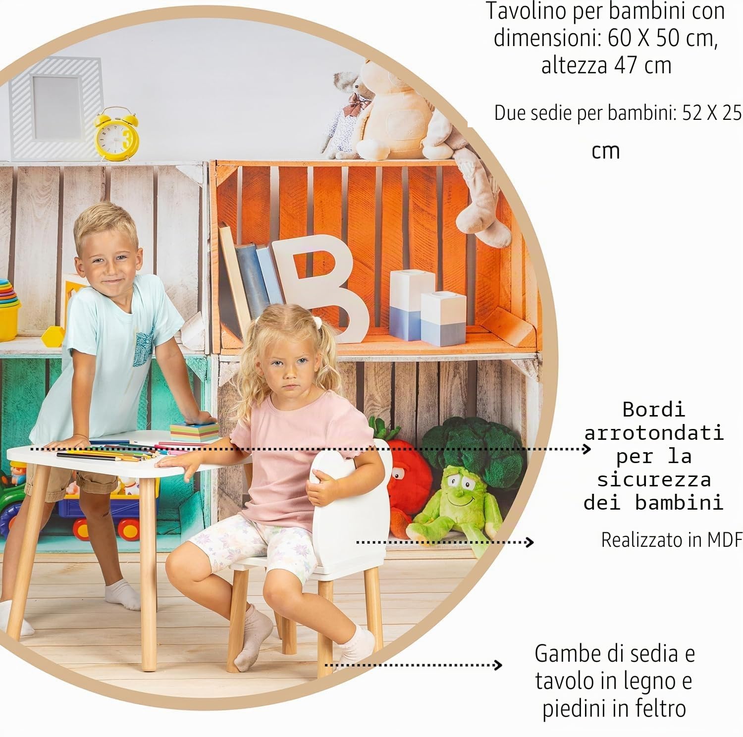 PlayPals Tavolo e Sedie per Bambini - Set Legno 50x60 cm