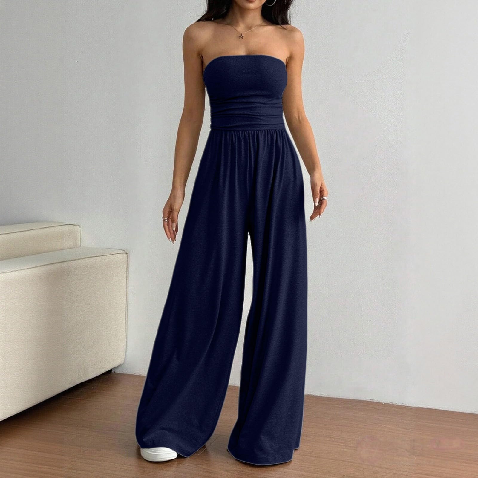 Generisch Tuta da donna elegante senza spalline, tutina a fascia, tinta unita, spalle scoperte, tuta intera, gamba larga, pantaloni lunghi, a vita alta, oversize, estiva, casual