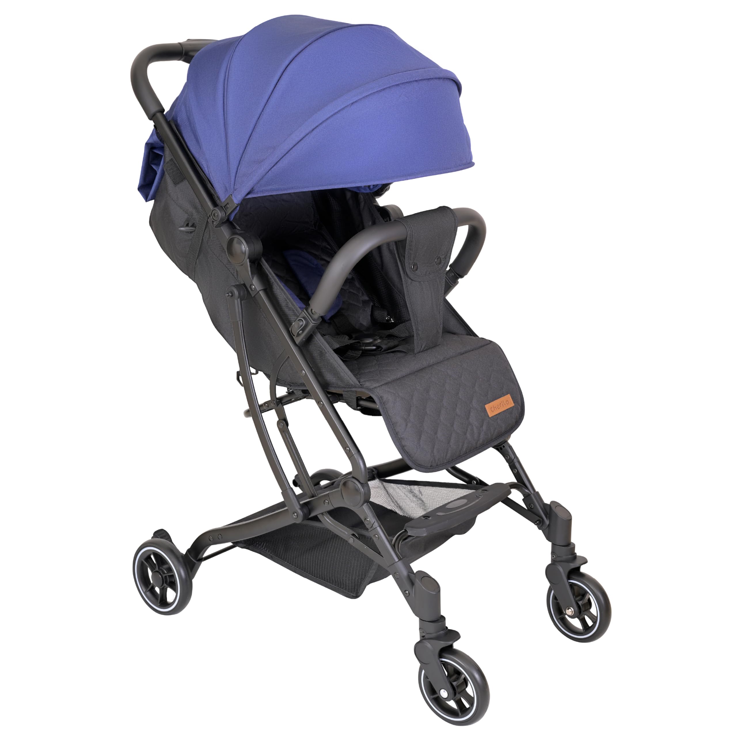 Cherilo Baby Stroller, Lightweight Pram with 5-Point Safety Harness, Spacious Cushioned Seat, Multi-Level Recline, Easy Fold, for Babies 0-3 Years (Black+Blue)-image-14