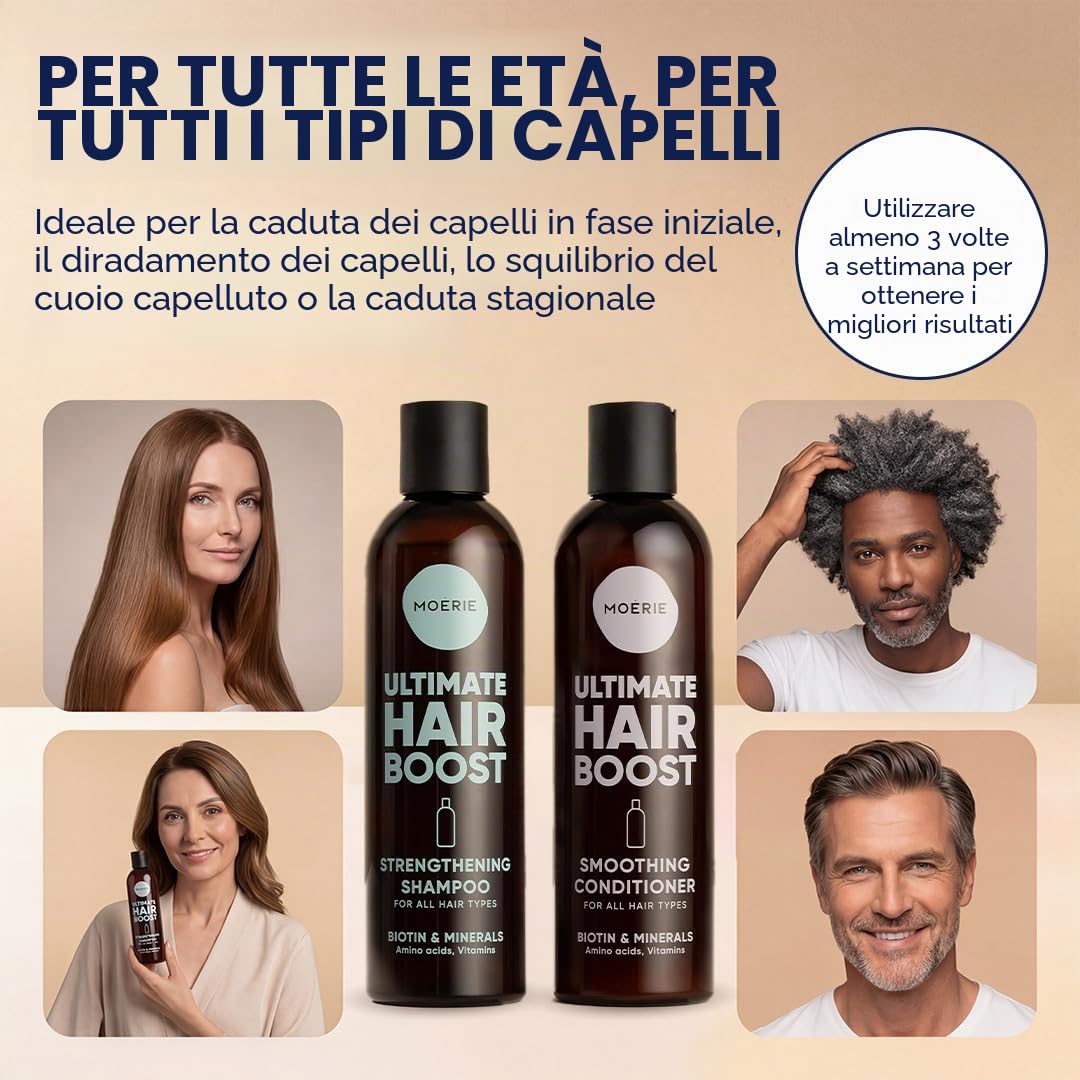 Moérie shampoo ristrutturante balsamo volumizzante anticaduta, prodotti per crescita capelli con ingredienti naturali, oltre 100 ingredienti attivi per capelli folti, lunghi e splendenti, 4 x 250 ml
