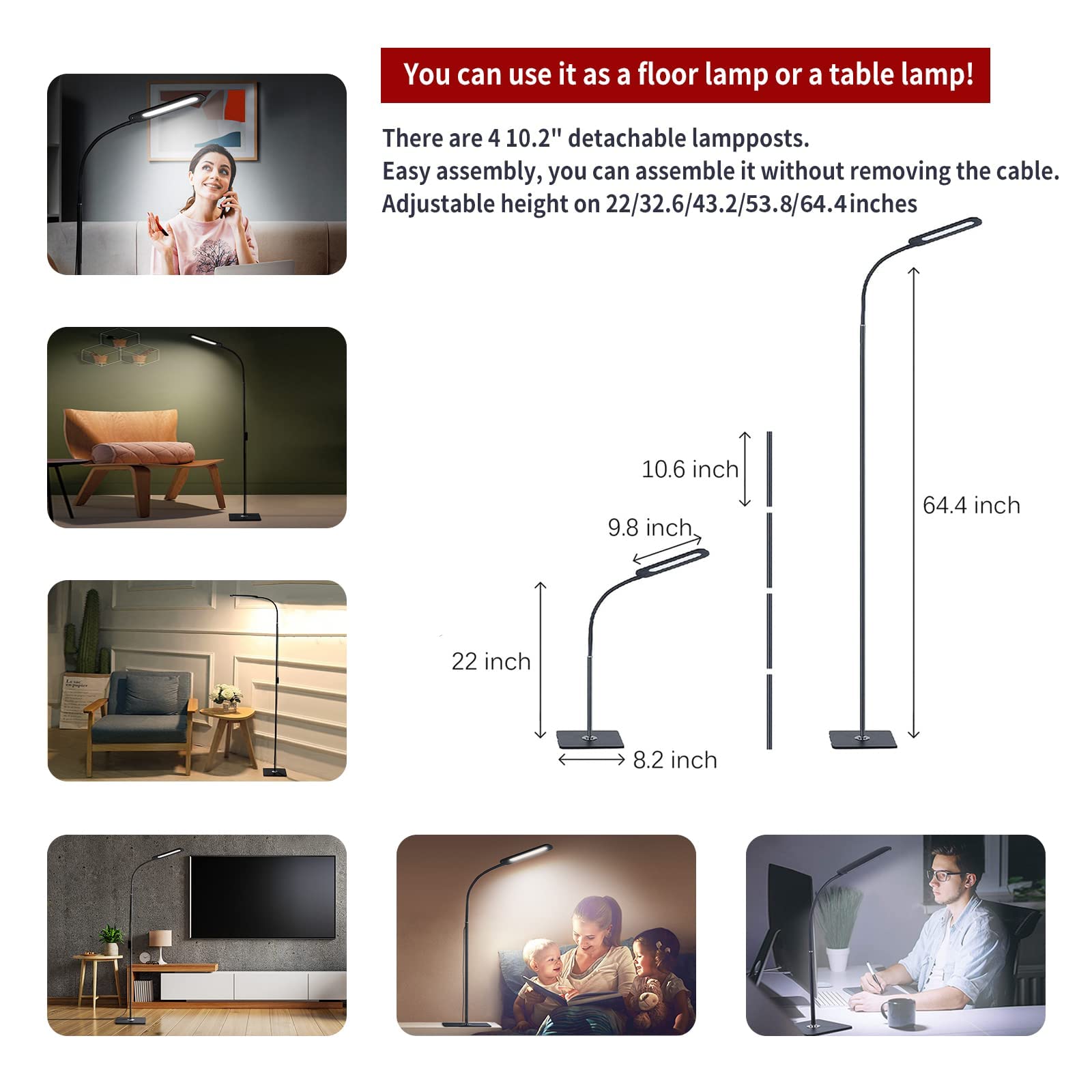 ALongDeng LED Floor Lamp with Adjustable Gooseneck, Height Adjustable