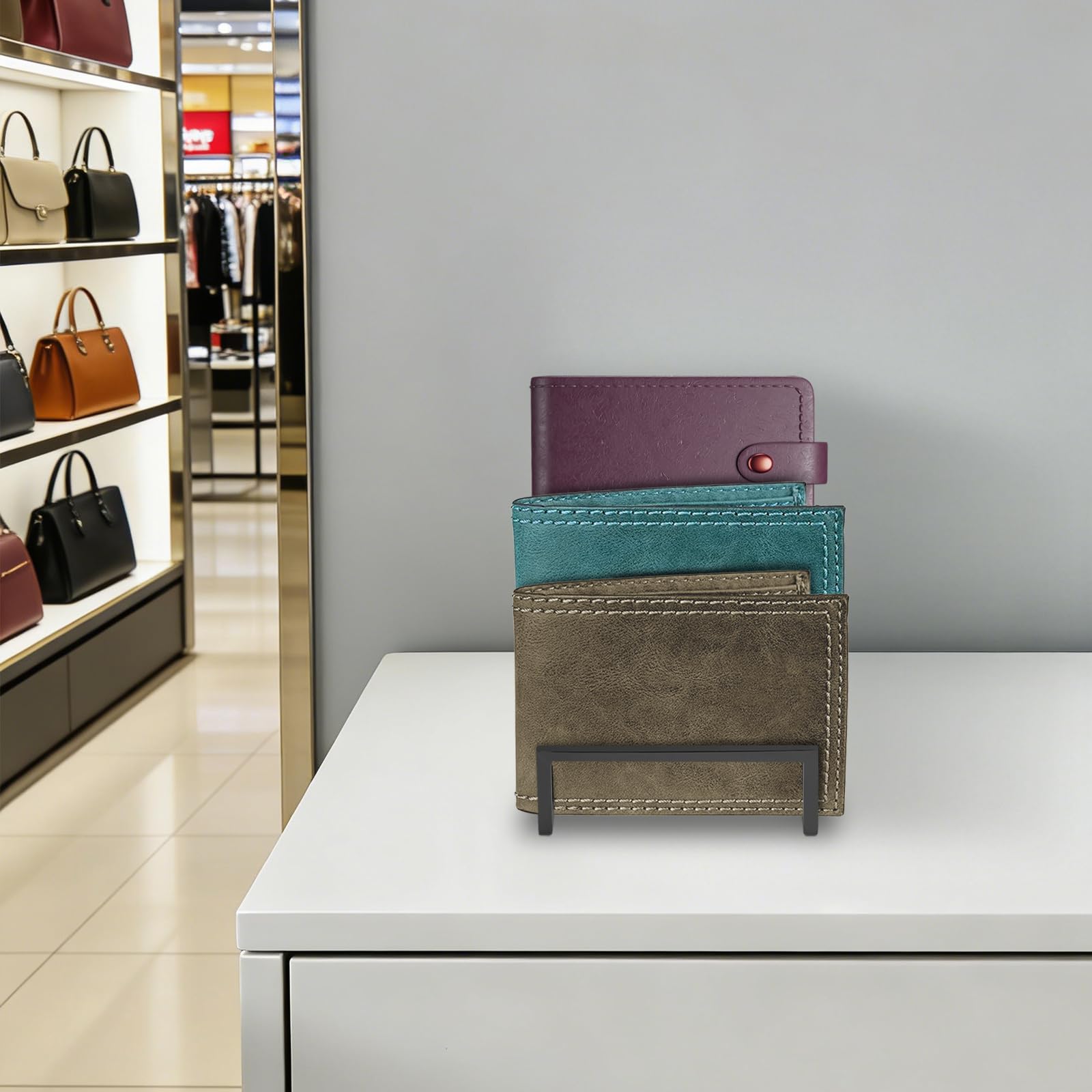 Soporte para cartera de 3 niveles de acero inoxidable, soporte para bolsos de negocios, soporte para mesa o armario, para almacenamiento elegante, 15 x 18 x 20 cm (negro)