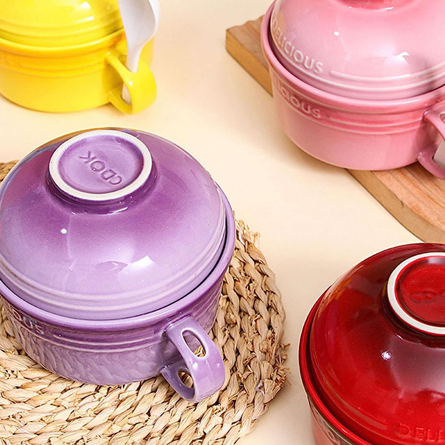 pojemniki na zupę, Ceramiczne miski do zupy 550 ml, japońskie, miska z pokrywką i uchwytem, ​​miska na ramen, płatki śniadaniowe, czerwona, ml/19,4 uncji