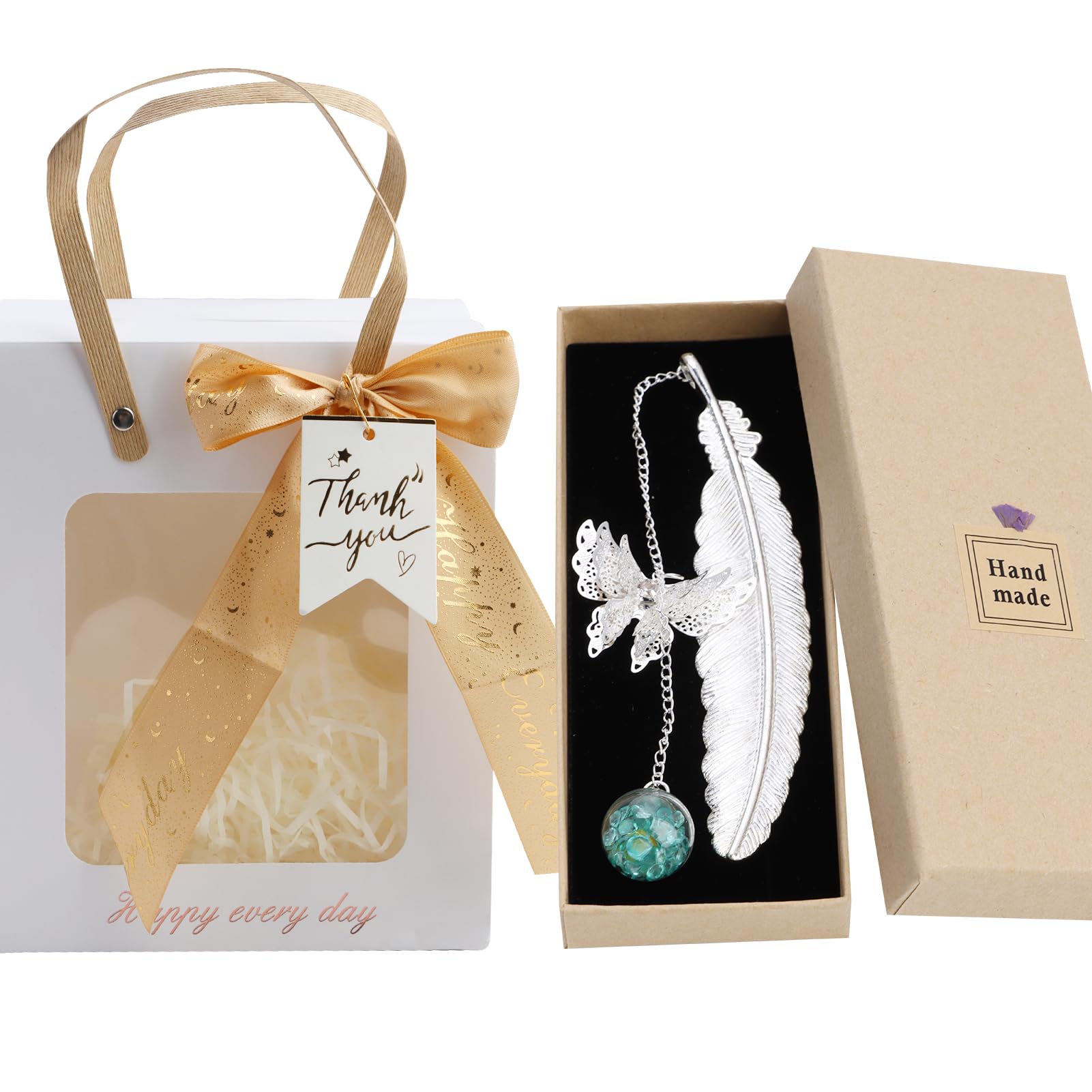 Marcapáginas de Metal Plumas, JINSIHU Pluma Mariposa de Plata Marcapáginas con Mariposa y Colgante de Flor Seca Eterna Ideal Regalo para Amantes Libros Mamá Mujer Niña Profesor Amigas Adolescentes