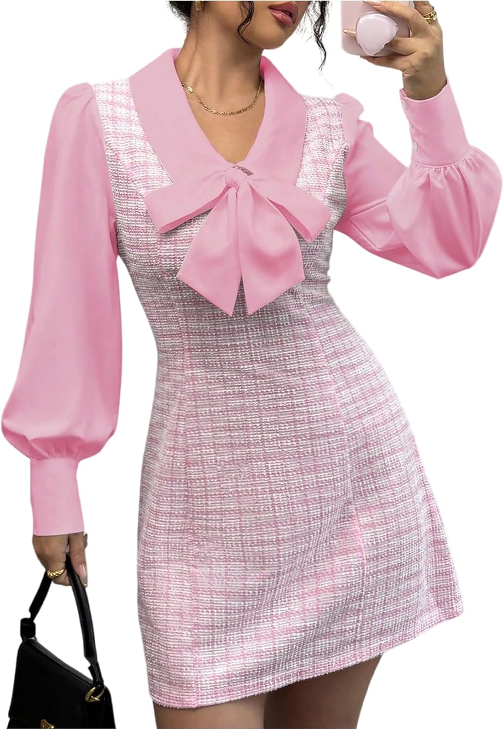 Floerns Women's Elegant Plaid Tweed Dress Bow Front Lantern Long Sleeve 2 in 1 Mini Houndstooth Dresses