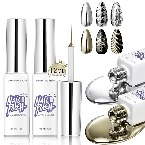 Miniatura 8 de Esmalte de uñas de pintura de espejo metálico, 2 x 0.4 fl oz de gel pintado en oro plateado con pincel fino, efecto cromado espejo, arte de uñas