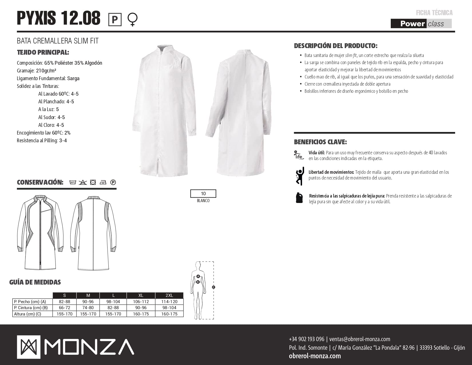 Bata Blanca Mujer con Cremallera Slim Fit. Laboratorio, Clínica, Médica, Dentista, Veterinario. Master Class. Ref: Pyxis 12.08