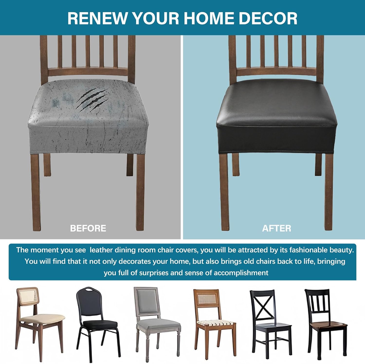 Dining Chair Seat Covers PU Leather, Waterproof Seat Covers for Dining Room Chair 4 Pack Kitchen Chair Seat Slipcovers Removable Washable-Black-Set of 4