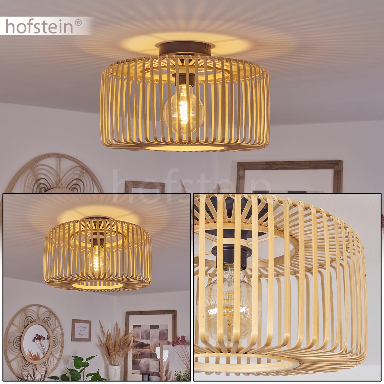 Plafonnier Bauro, Plafonnier Moderne En Métal/bambou/bois En Noir