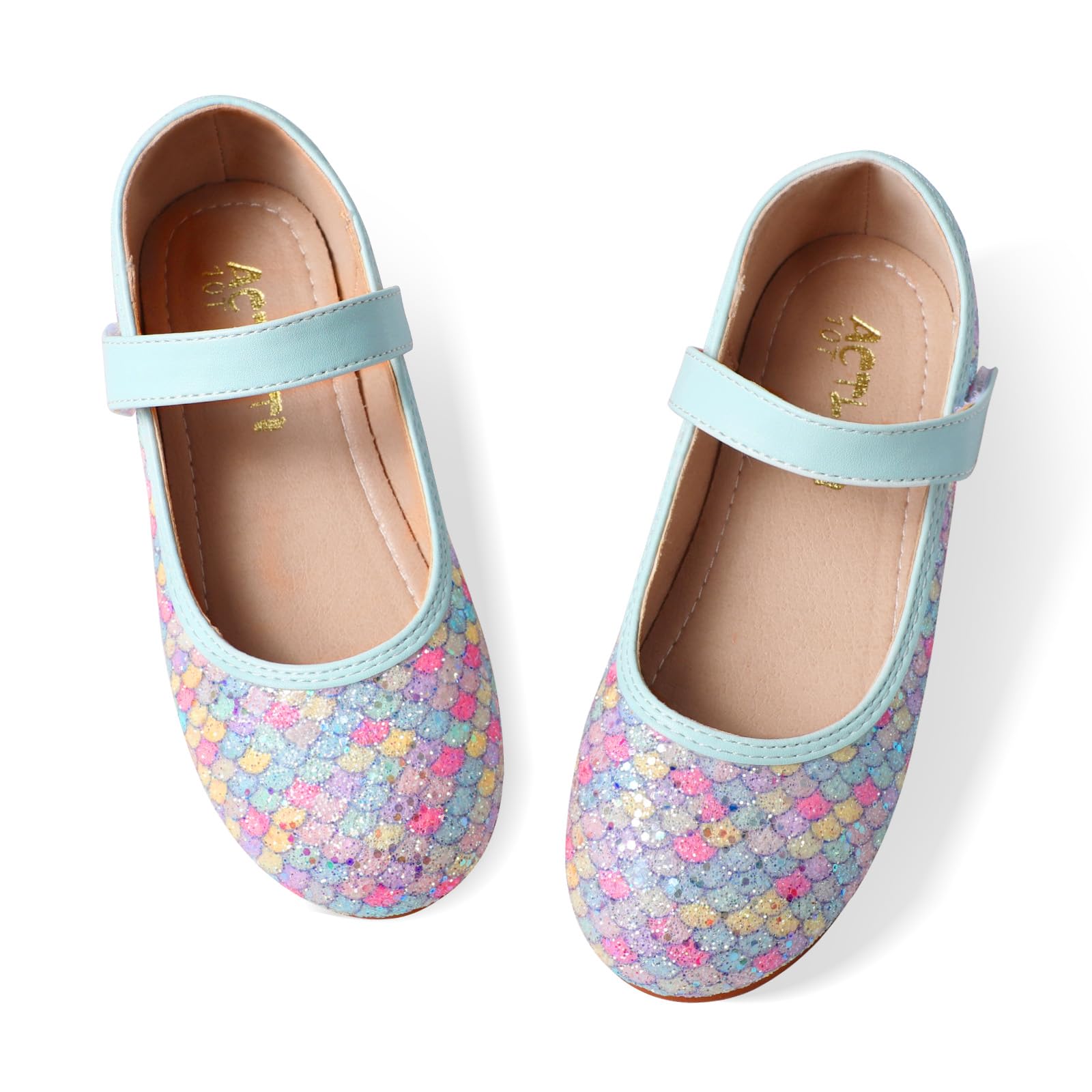 Toddler Girls Mermaid Dress Shoes Glitter Ballet Flats Non-Slip Soft Mary Jane Flower Girl Princess Shoes for School Party Wedding