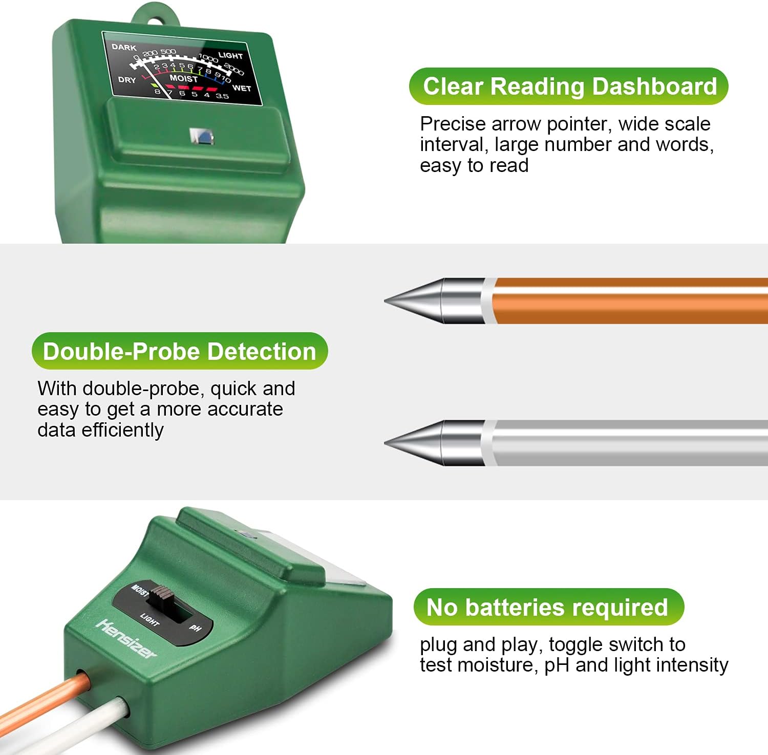 Kensizer 3-in-1 Soil Tester, Soil Moisture/Light/pH Meter, Gardening Farm Lawn Test Kit Tool, Digital Plant Probe, Sunlight Tester Water Hydrometer for Indoor Outdoor : Patio, Lawn & Garden