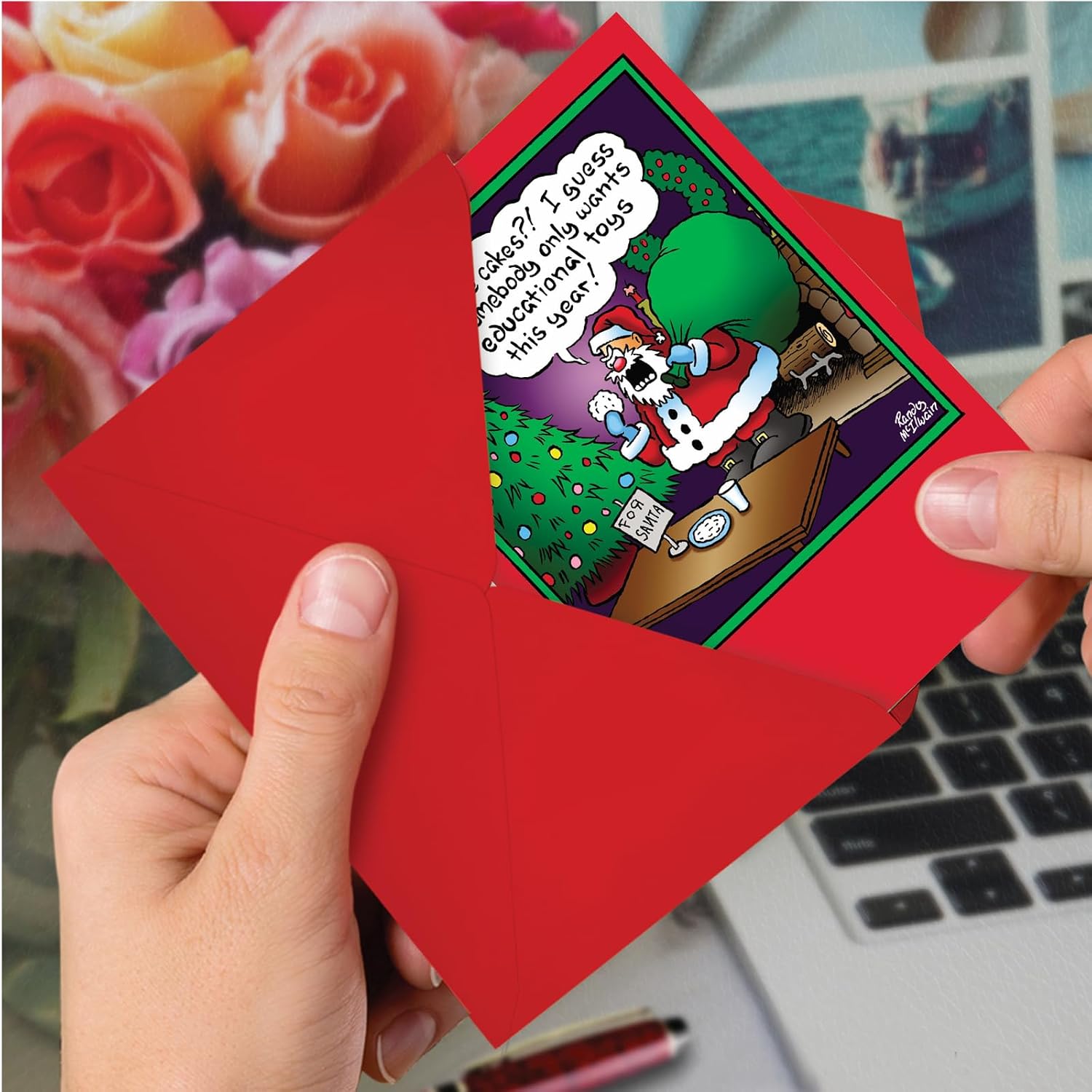 NobleWorks - Box of 12 Cartoon Christmas Cards - Funny Adult Holiday Greeting Cards, Festive Notecard Set Bulk (1 Design, 12 Cards) - Rice Cakes B1587