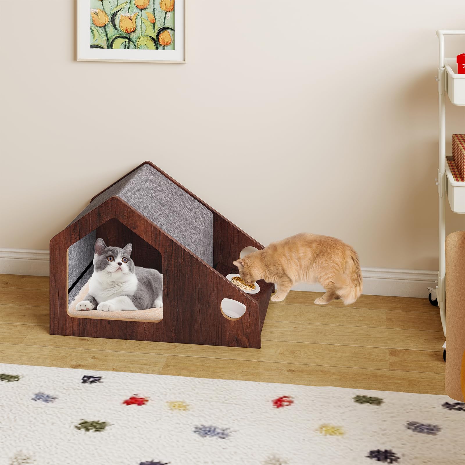 COSTWAY Casa para Gatos de Madera para Interior, 60x40x40 cmCaseta para Gatos con Comedero, Techo Desmontable y Lavable, Estructura Metálica, Villa de Estilo de Granja, Refugio Decorativo para Gatitos