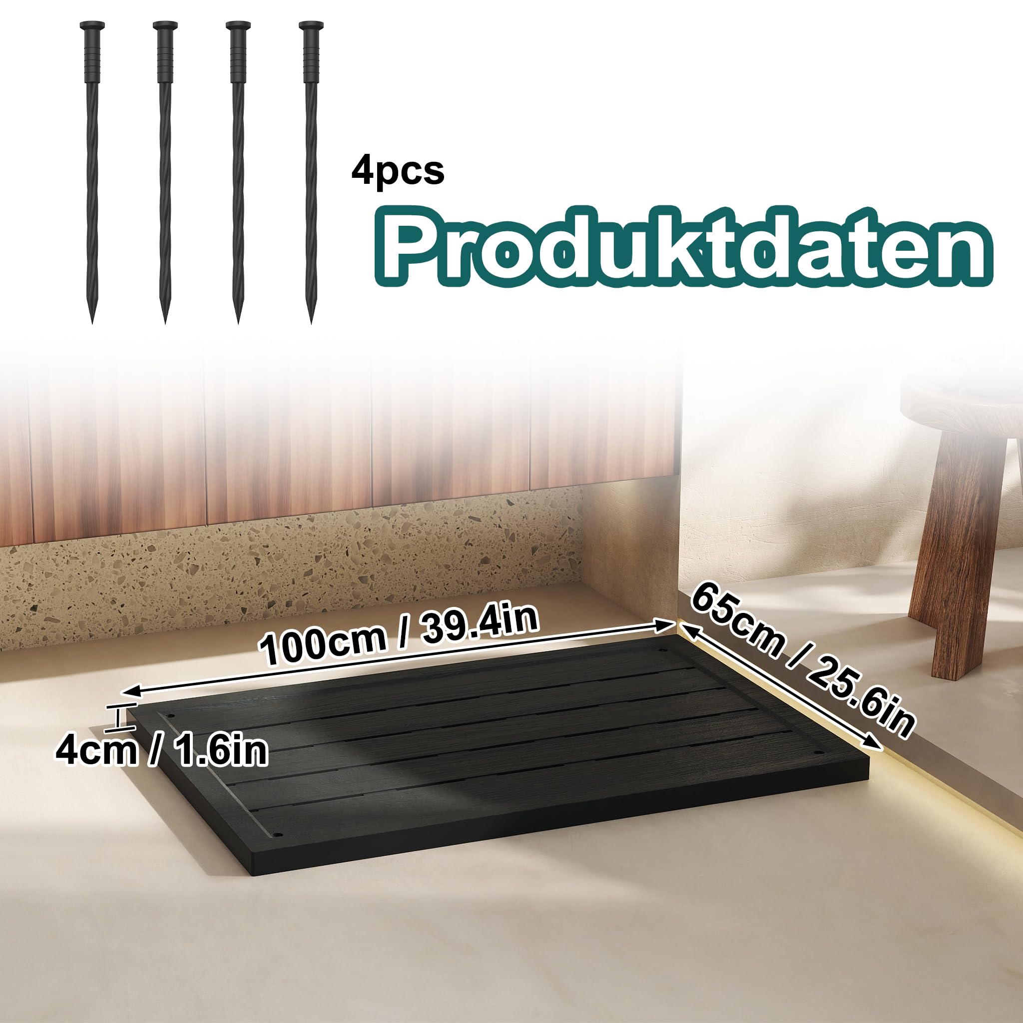 Rutschfeste Bodenplatte Holzoptik 100x65x4cm UV-beständiges Kunststoff Bodenelement, praktische Unterlage für Gartendusche Solardusche Poolleiter Outdoor Nutzung mit Montagematerial Anthrazit