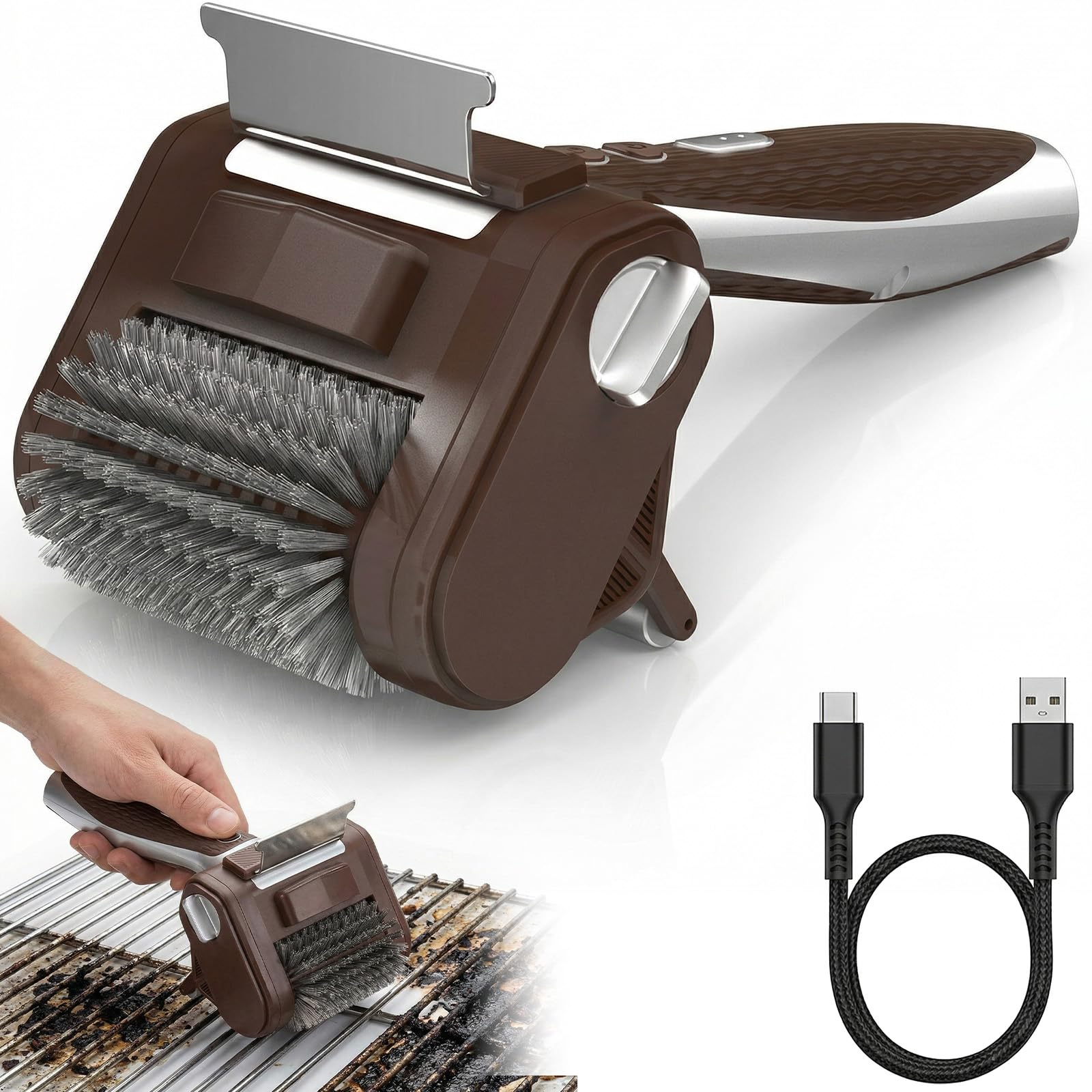 Electric Grill Brush with LED Light - Electric Grill Cleaner, Cordless Roller Cleaning Brush, Bristle-Free Rotating Grill Brush, Remove Stubborn Grease, for All Types of Grills