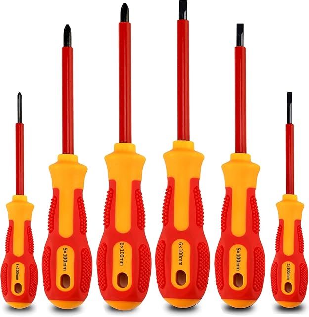 6PCS Insulated Screwdriver Set,1000V with Magnetic Black Tips,TPR Handle Electrician Soft-Grip Cross and Flat Head Screwdrivers for Electricial Repair