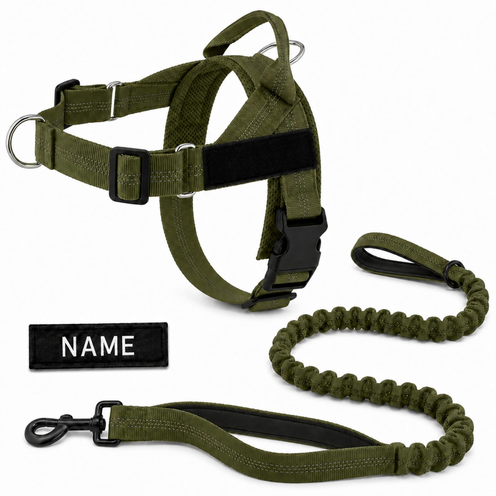 No Pull Dog Harness and Lead Set, Adjustable Padded Walking Vest with Bungee Dog Lead, Personalised Name Patch, Front & Back D-Rings, Reflective Harness for Small Medium Large Dogs — image 1