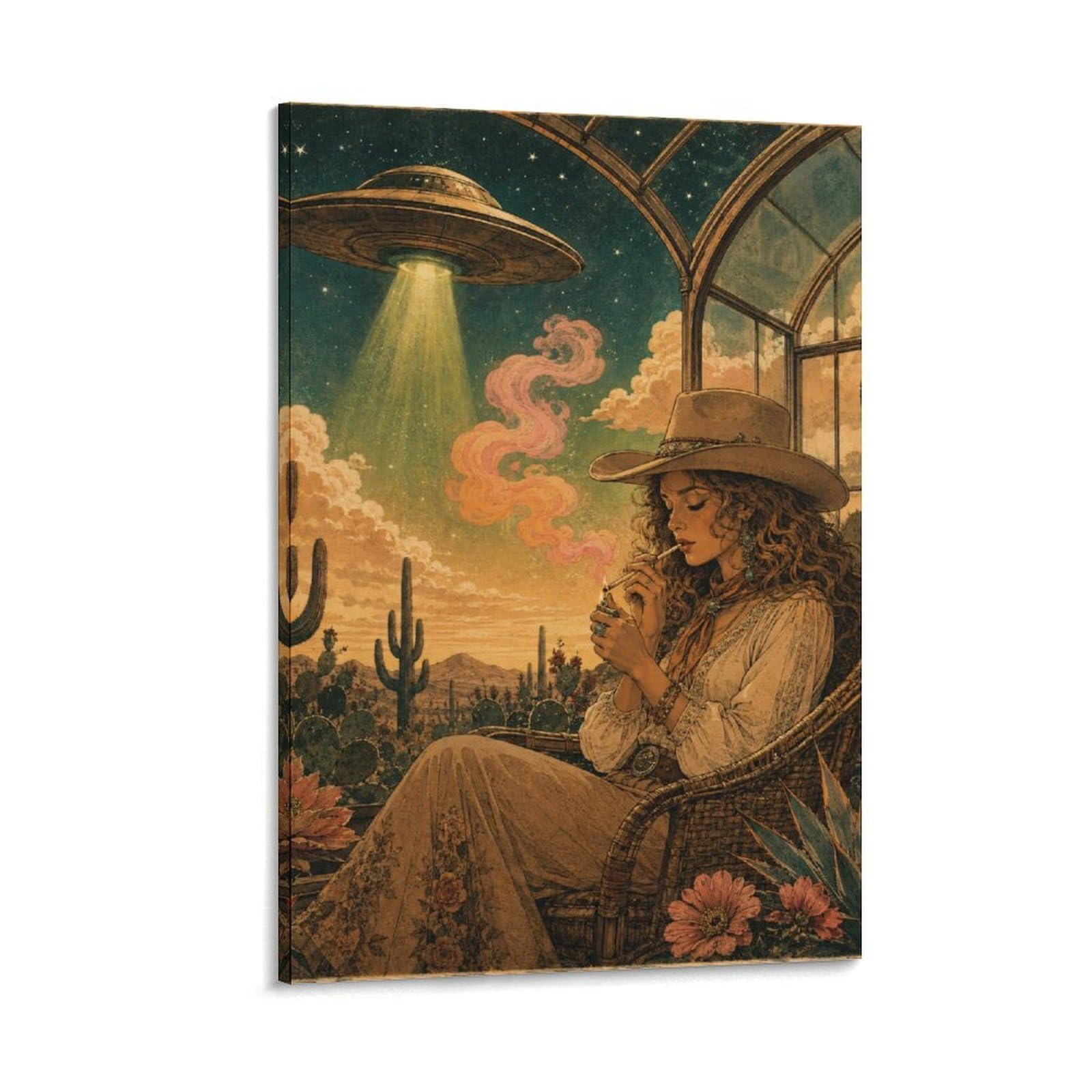 W7C8U2X3 UFO Cowgirl Cactus Garden Canvas Wall Art, Western Cowgirl