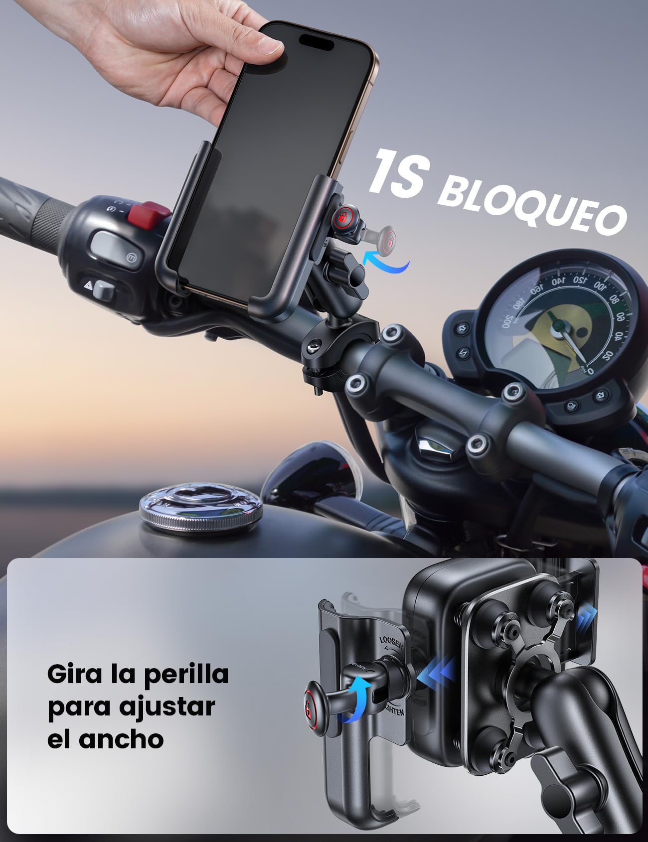Lamicall Soporte Móvil Moto - [Metal Completo] [Antivibración] [Brazo Extensible] Antirrobo, 2 x 360° Rotación, Soporte Móvil Bicicleta de Manillar, para iPhone 17 16 15 y Otro Smartphone de 4,7-7,2"