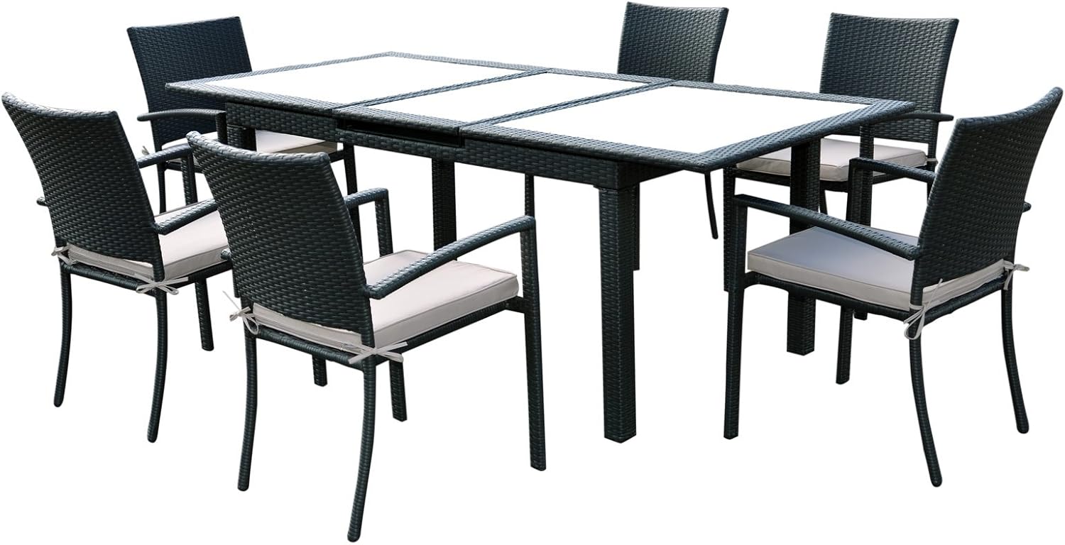 Siena Black Extending Rattan Wicker & Glass Top Garden Table Set With 6