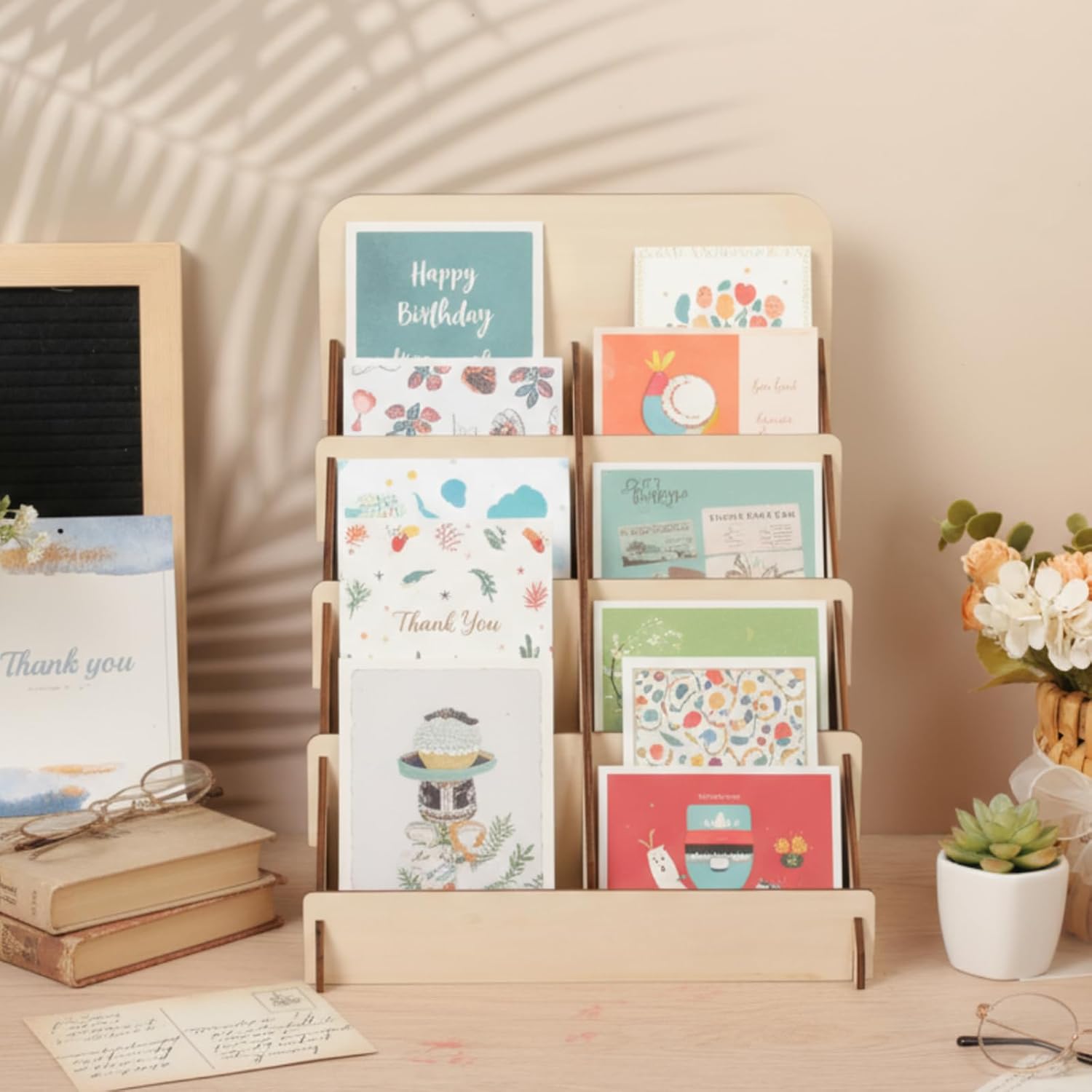LemonRoad 4 Tier Greeting Card Display Stand with 4 Pcs Small Art Drying Rack Wooden 4 Tier Wooden Postcard Sticker Holder 5 Layers Paint Display Stand Organizer for Canvas Tabletop Counter Retail