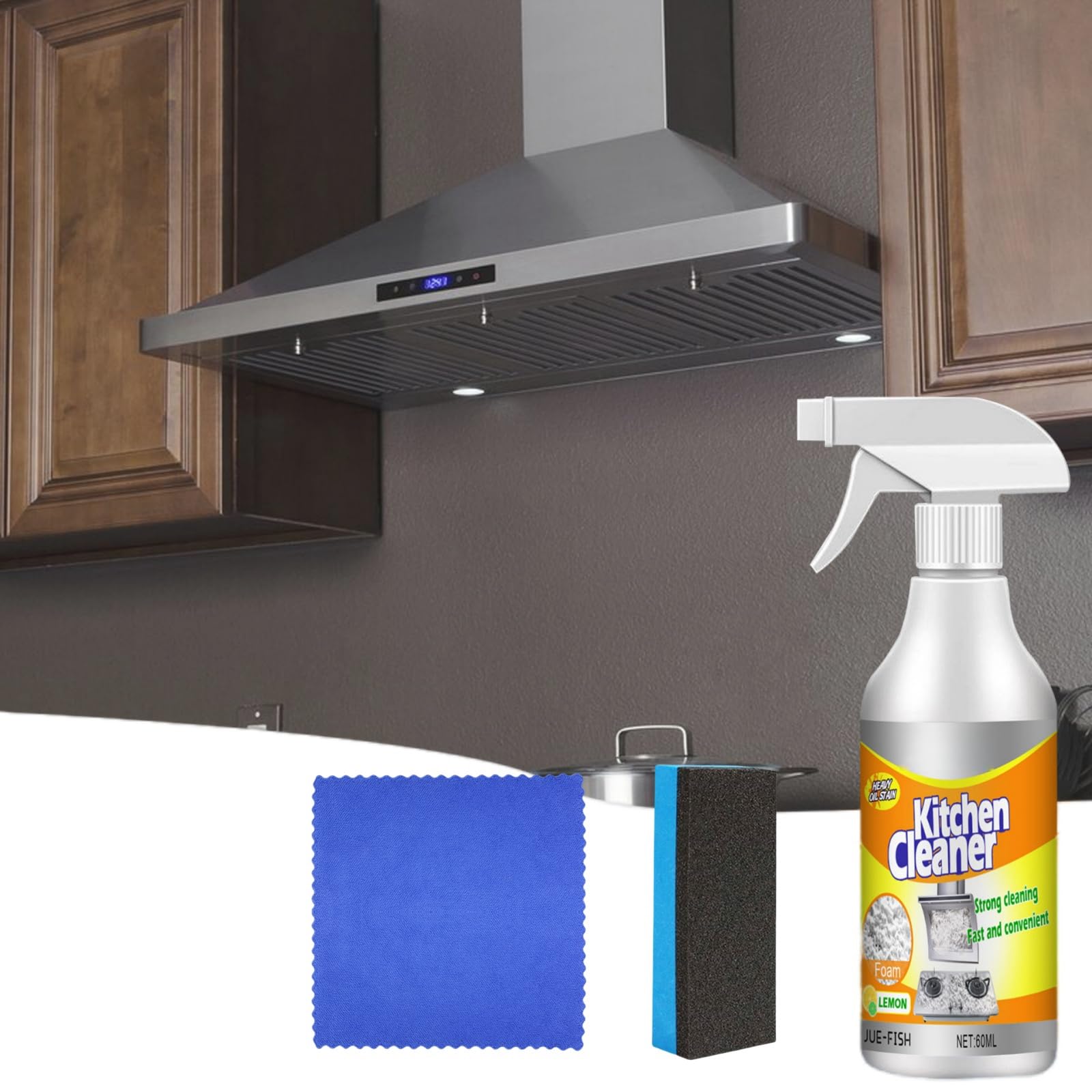 HONPOLO Kitchen Cleaner - 60ml Foam Cleaner for Heavy Grease and Stubborn Stains - Designed for Home Kitchen Appliances including Hoods - Comes with Sponge and Cloth - Refreshing Lemon Scent