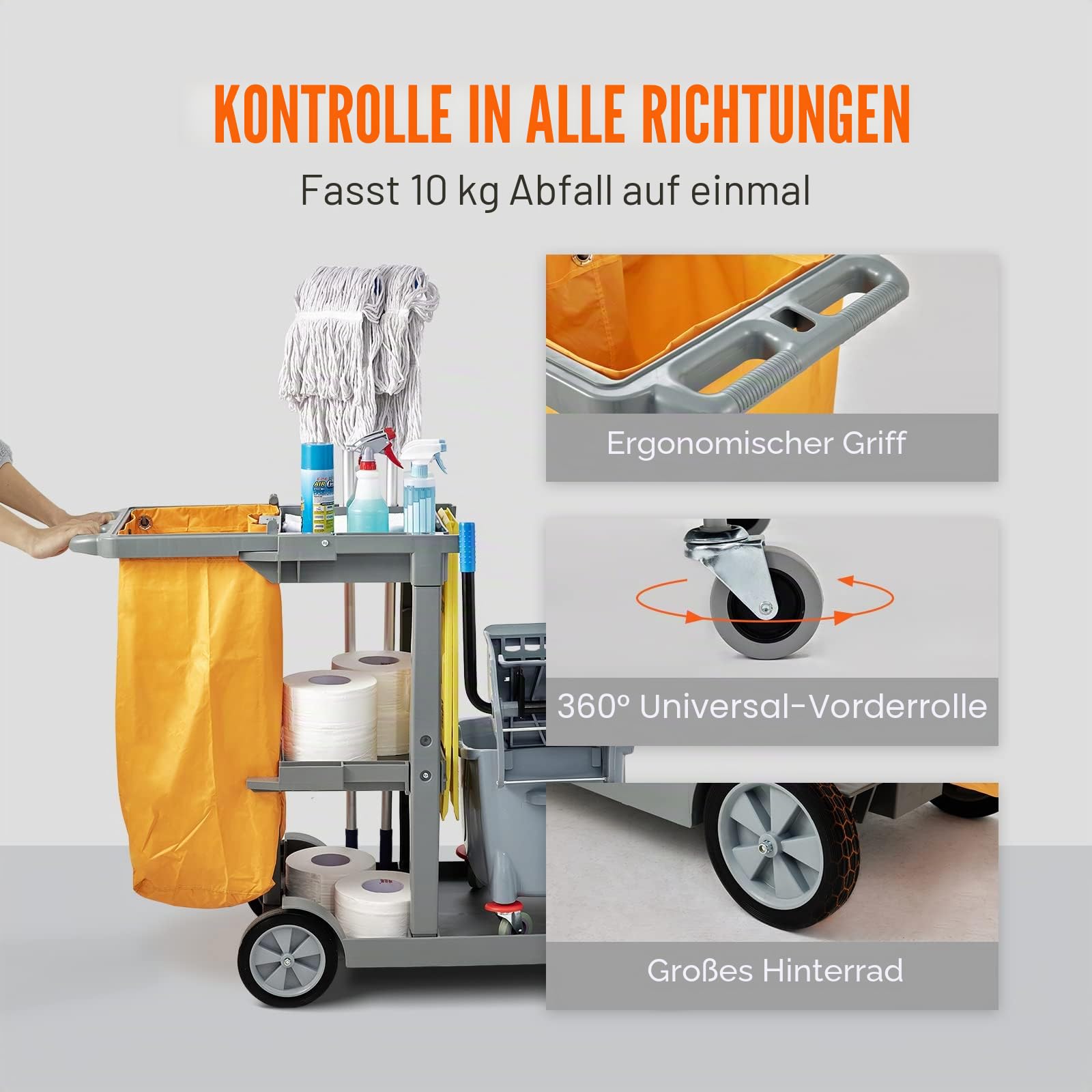 VEVOR Reinigungswagen Putzwagen mit 3 Fächern, Hygienewagen Reinigungswagen 90,7 kg Tragfähigkeit, Grau PP Wischwagen Systemwagen mit PVC-Müllsack, Geeignet für Büros, Einkaufszentren, Hotels