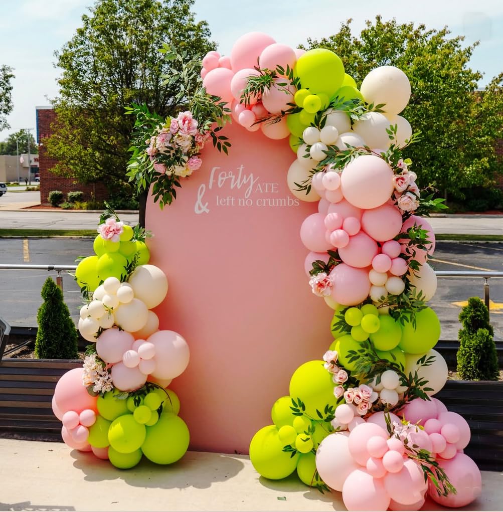Pastel Pink and Lime Green Balloon Garland Arch Kit, 152Pcs Soft Pink Lime Green Cream White 18/10/5inch Balloons for Baby in Bloom Spring Garden