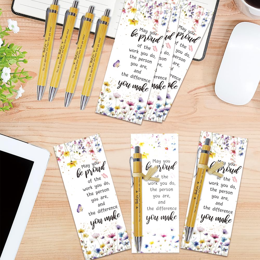 WEBEEDY Set di 36 penne in bambù con note ispiratrici e segnalibro a forma di fiore