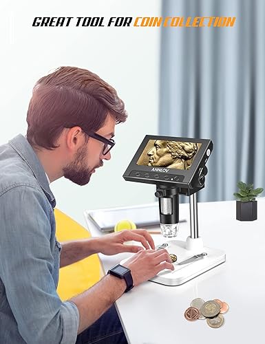 Miniatura 6 de ANNLOV - Microscopio de monedas de 4.3 pulgadas, microscopio digital LCD de aumento 50X-1000X con 8 luces LED ajustables para niños y adultos para