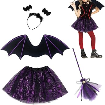 Bat Costume Toddler - Tulle Cosplay Costume, Bat Themed Outfit, Halloween Bat Costume Girl, Wing Dress Headband Wand Tulle Skirt