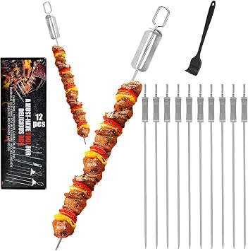 SHIKORI Kabob Skewers,15 inch Stainless Steel Flat BBQ Skewers for Meat with Push Bar Skewer for Grilling12-Pcs