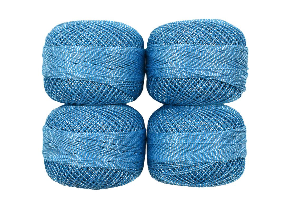 HUNNY- BUNCH® Premium Metallic Cotton Crochet Mercerised Shining Thread for Knitting, Weaving, Embroidery Work, Craft Making, DIY, and More (Set of 4-100 Grams) Blue