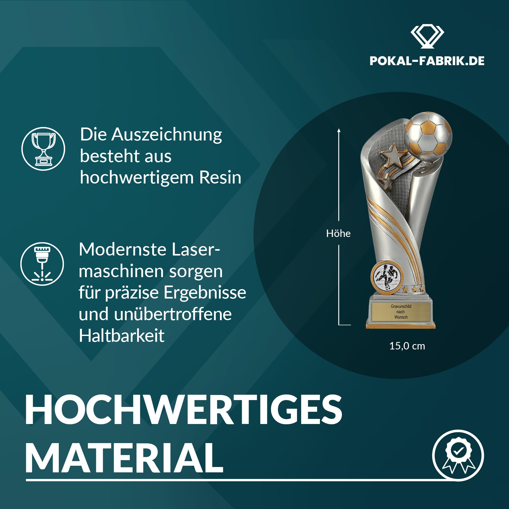 Pokal-Fabrik - Fussball Pokal mit Gravur Wunschtext & Sportemblem - Einzeln / 3er Set - Gold/Silber Resin Trophäe – personalisierte Auszeichnung für Fußball WM, Sport Events & Wanderpokal