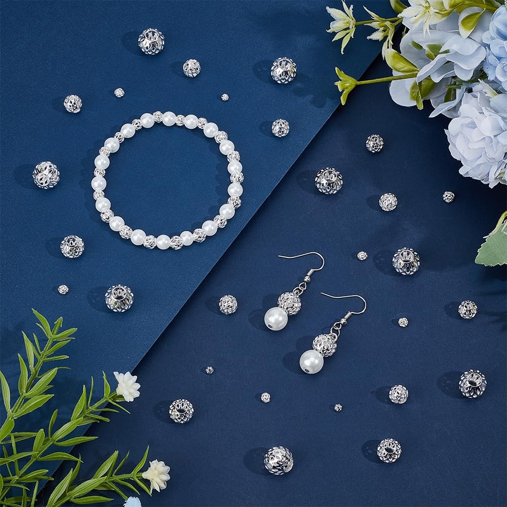 PH PandaHall 925 Sterling Silver Plated Hollow Beads 7 Sizes 70pcs Round Filigree Beads Brass Spacer Bead Metal Ball Bead for Jewelry Making Bracelets Necklaces Earrings DIY Crafts, 3/4/5/6/8/10/12mm - Image 4