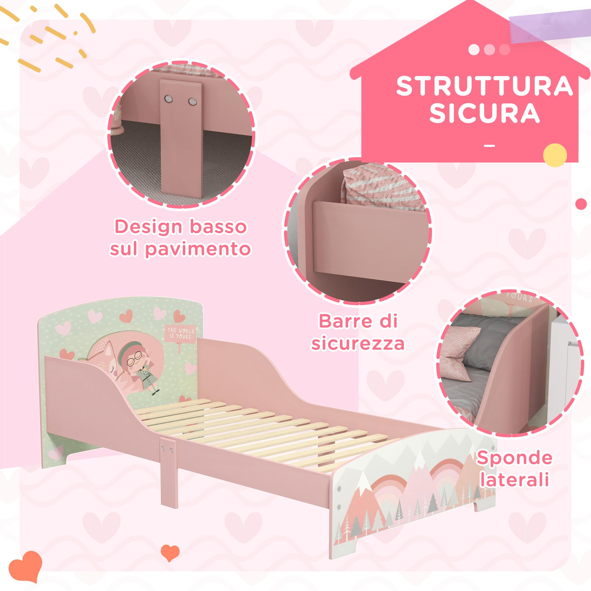 ZONEKIZ Letto per Bambini 3-6 Anni con Bordi Rialzati, Lettino per Bimbi 140x70 cm con Doghe e Fantasia con Animali, Rosa