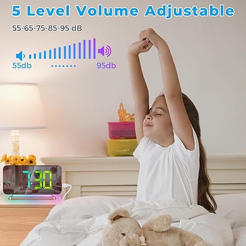 Miniatura 7 de Poeroa Reloj despertador RGB, reloj digital con espejo LED de 7.4 pulgadas, pantalla grande, con luz nocturna, puerto de cargador USB C, atenuador