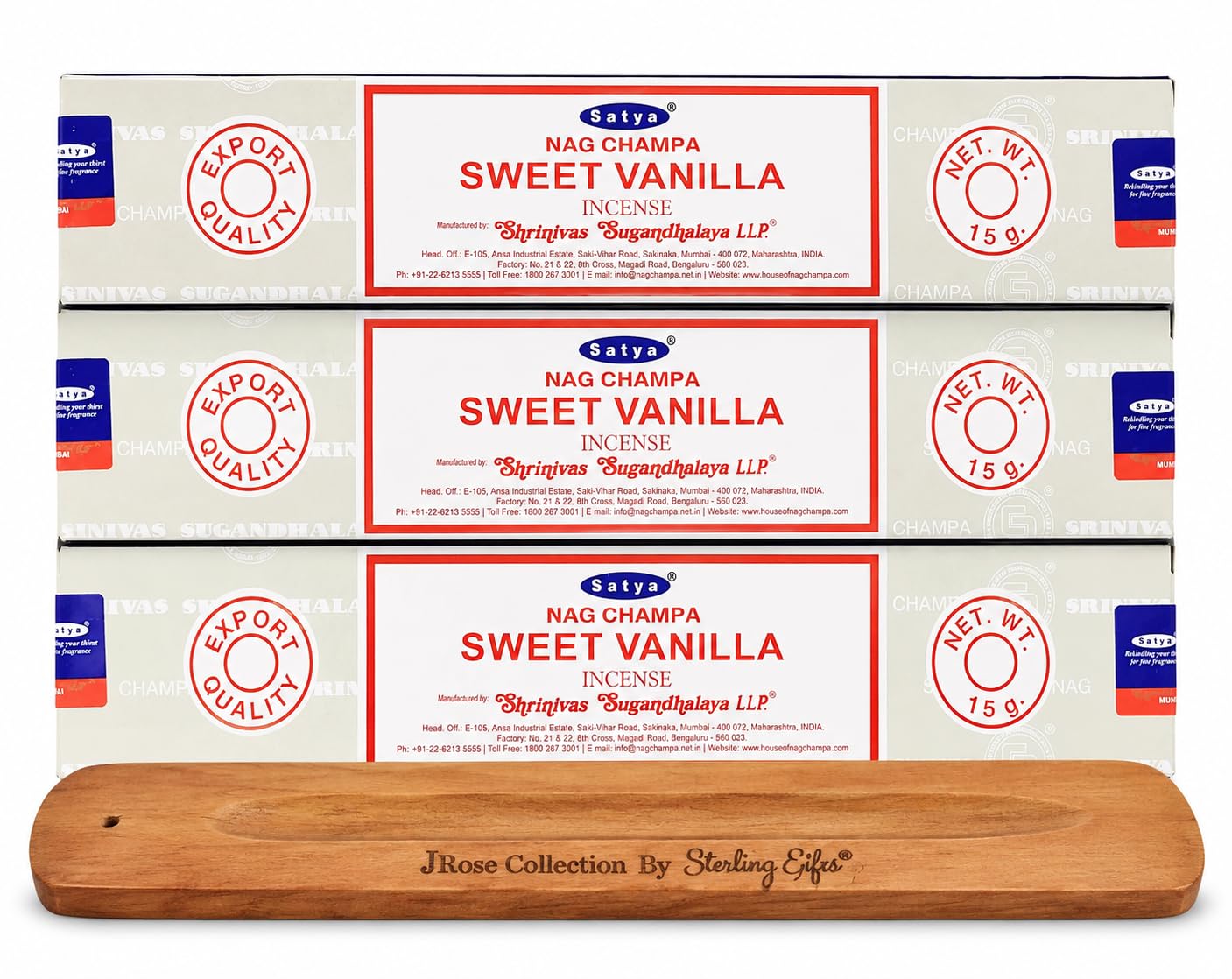 Satya Nag Champa Sweet Vanilla Incense Sticks 3 Pack Set 15g Each with JRose Wooden Incense Holder Vanilla Aroma Fragrance Incense Sticks for Home Meditation Yoga Relaxation Aromatherapy