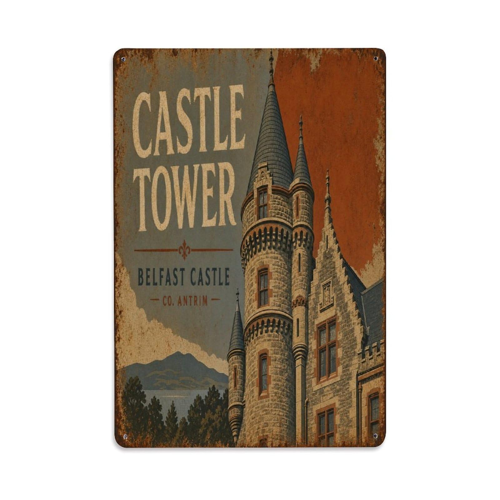 Belfast Castle Ireland Travel Victorian Landmark Metal Tin Sign Plaque Wall Decor for Cafe, Man Cave, Club Bar, Office, Home Garden Round Metal Poster 8x12Inch