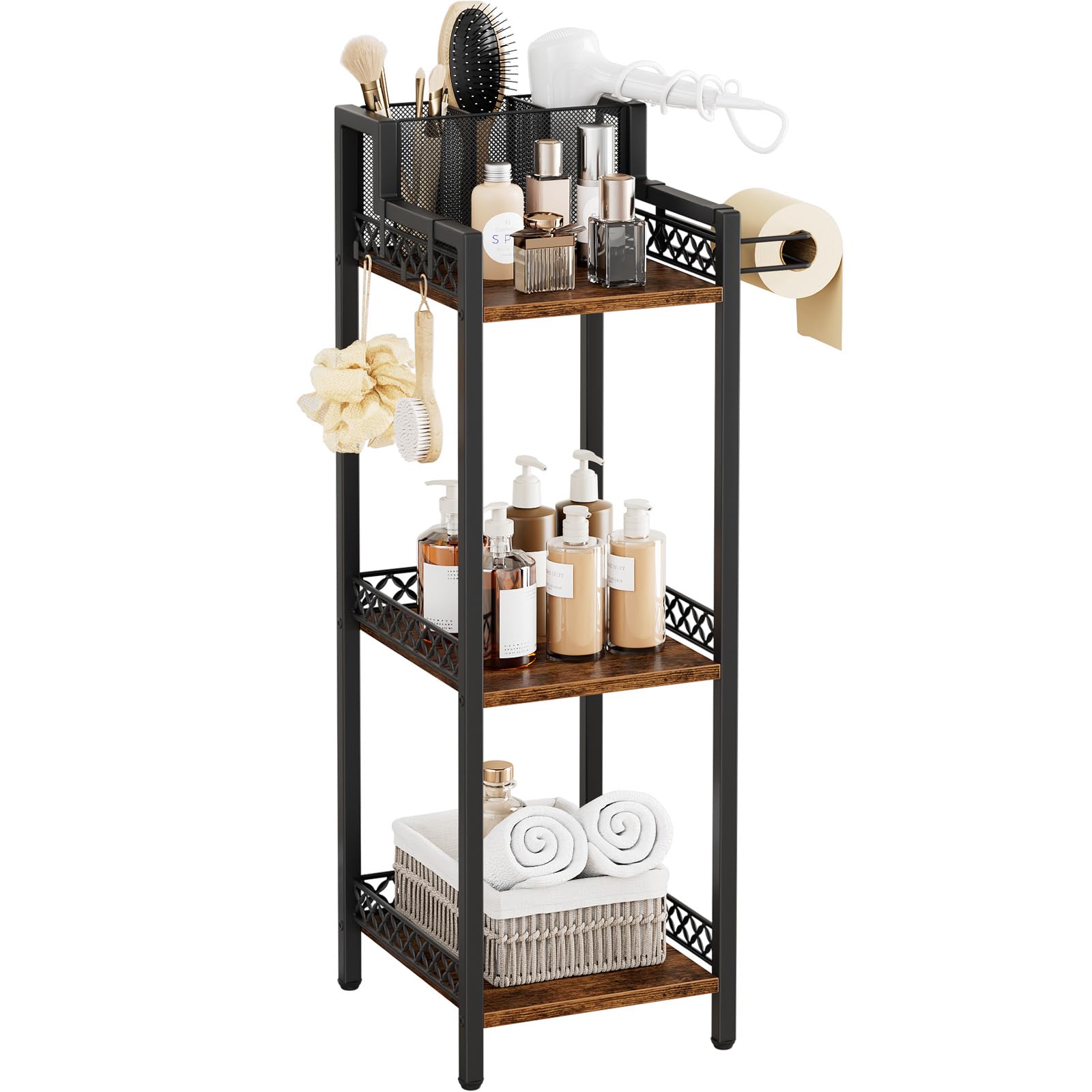 3-Tier Bathroom Shelf Organizer with Hair Dryer Holder and Toilet Paper Hook, 9.85" Slim Metal Stand for Small Spaces, Holds 50lbs - Freestanding Storage for Towels, Toiletries