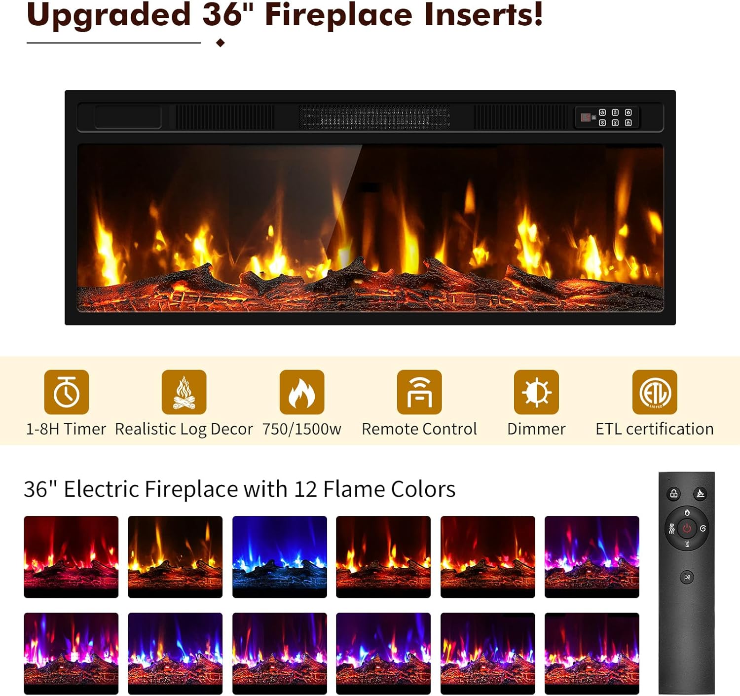 BREEZEHEAT Electric Fireplace TV Stand for 65-80 inch TV-Entertainment Center with 36'' Log Fireplace and Led Light- Storage Cabinet, High Glossy Door, TV Console for Living Room, 70" White