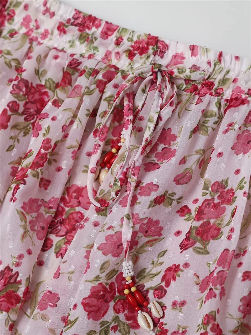 WQZYY&ASDCD Falda De Tubo Dulces Faldas con Estampado Floral Rosa para Mujer, Falda De Gasa con Borlas Y Lazo A La Moda para Mujer, Faldas Sueltas hasta Los Tobillos Elegantes para Mujer