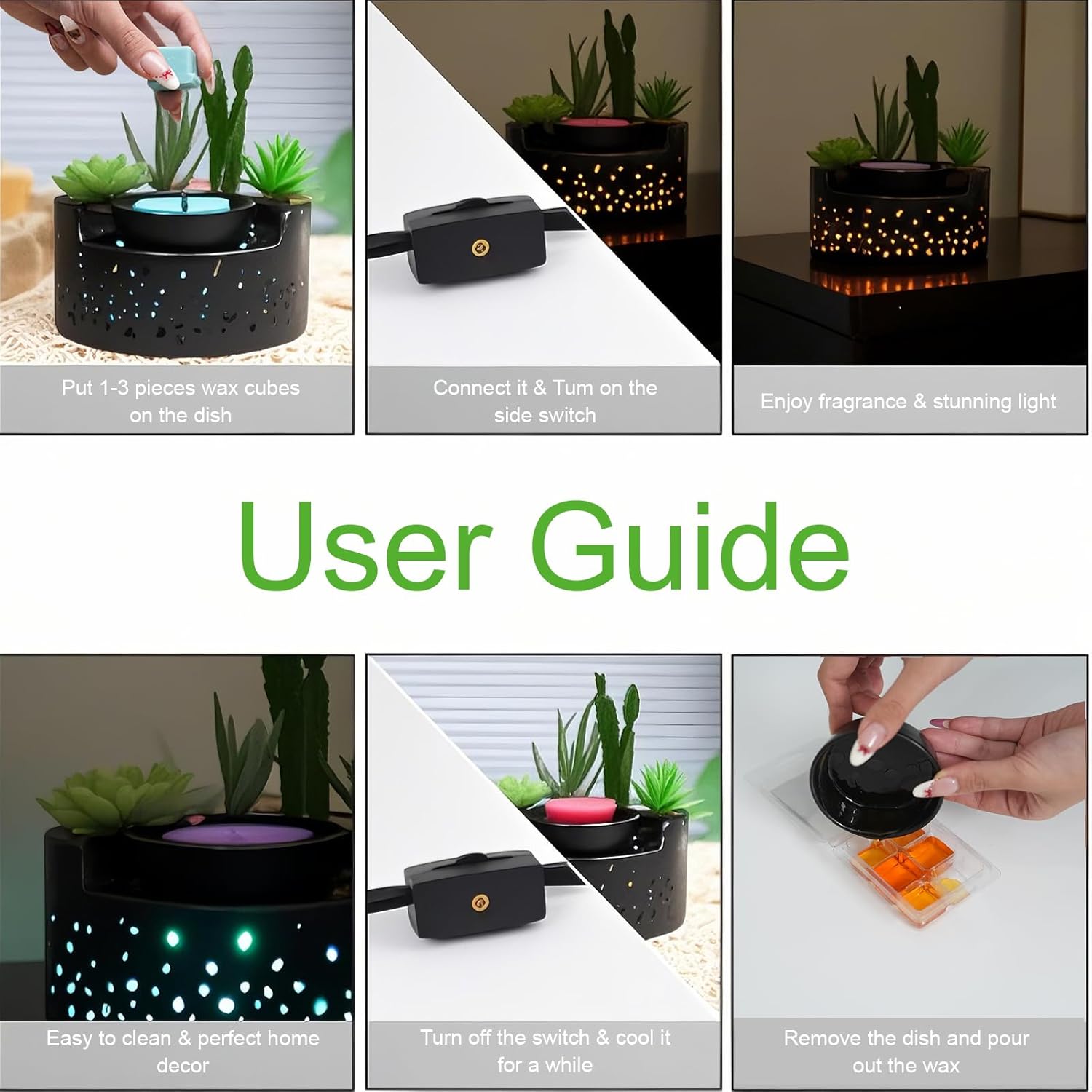 Ceramic Wax Melt Warmer 4-in-1, Flameless PTC Heating with 7-Color LED Night Light, Electric Essential Oil Diffuser, Zen Design Marble Succulent Pot, for Yoga Room Home Office Decor