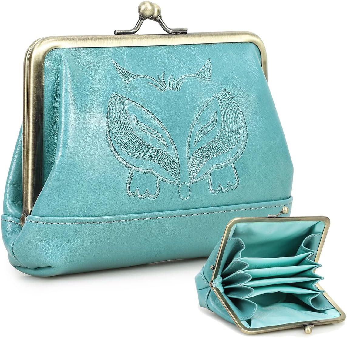 Contacts Full Grain Leather Kiss Lock Coin Purse Coin Pouch Vintage Kiss Clasp Card Holder Small Change Purse, Turquoise Blue, Vintage Kiss Lock