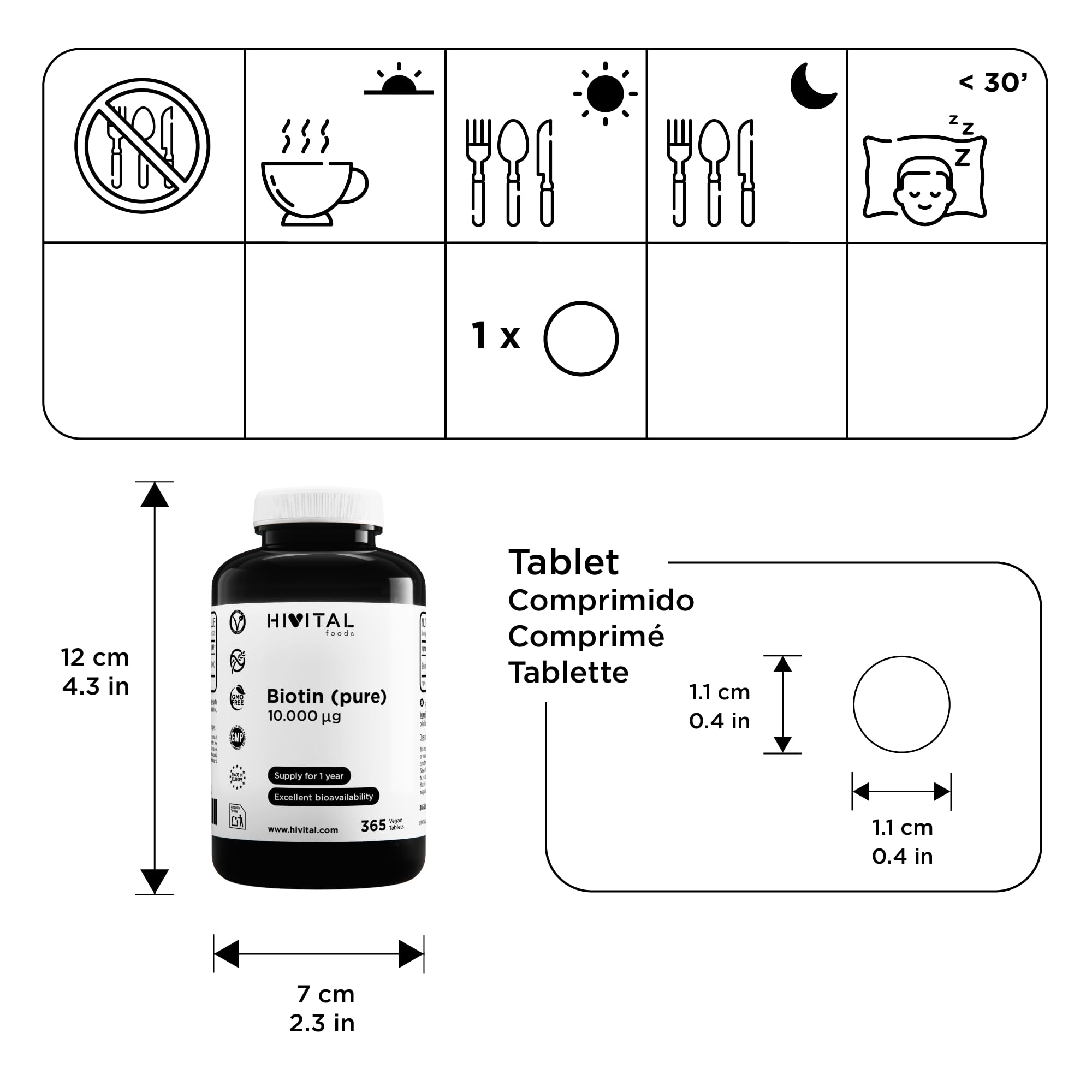 Biotine pure 10000 mcg (Vitamine B7). 365 comprimés pour un an de traitement. Convient aux végétaliens. Absorption, rétention et efficacité maximales du produit. Fabriqué en Europe par HIVITAL
