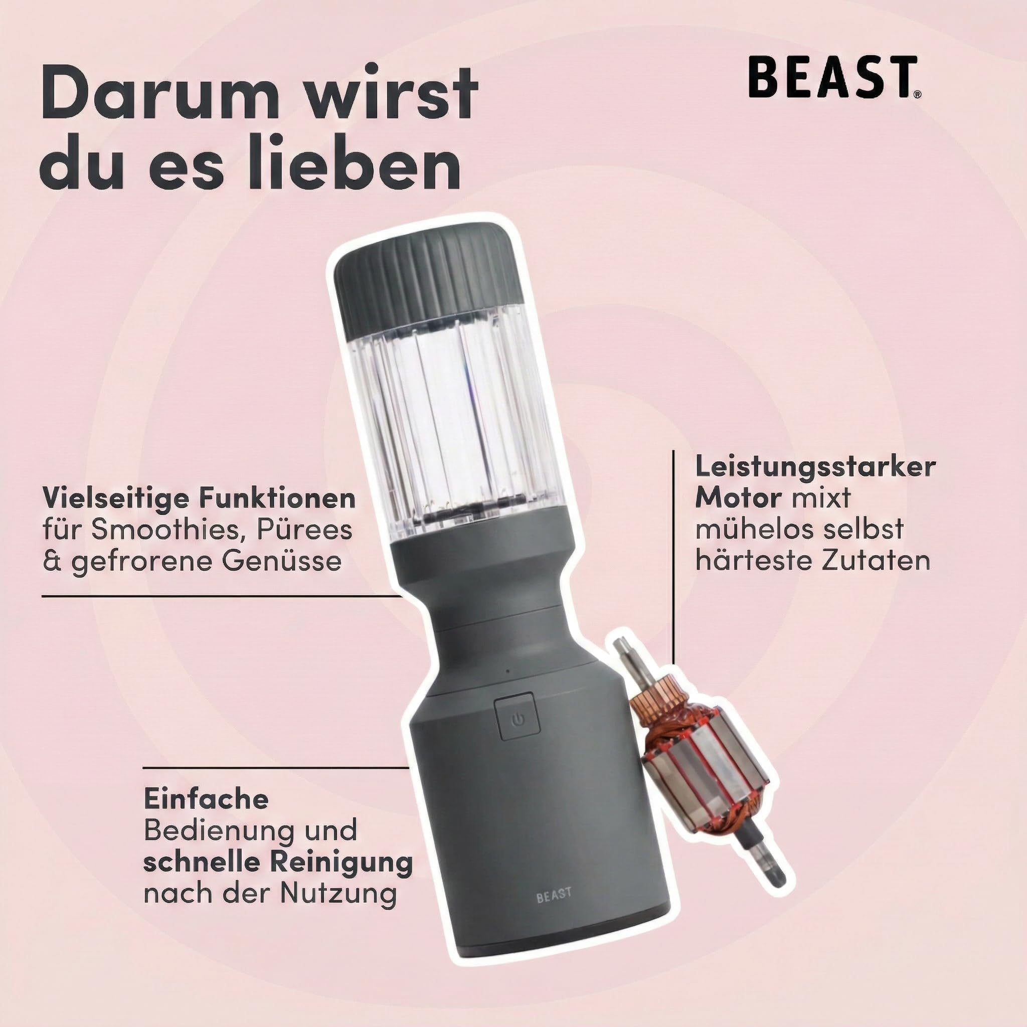 BEAST Standmixer 1200W - Smoothie Maker Hochleistungsmixer mit 3 Tritan Mixbechers -1200 ml - To-go Trink - und Aufbewahrungsdeckel - Mixer für Smoothies, Eis und Shakes