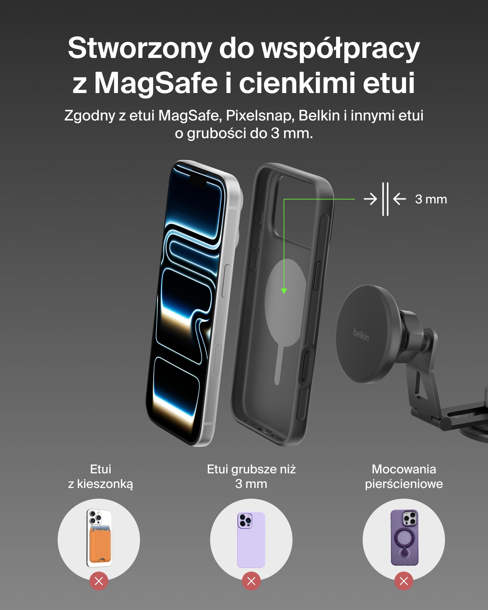 Belkin BoostCharge Bezprzewodowa Ładowarka Samochodowa Qi2, Magnetyczny Uchwyt na Kratkę Nawiewu z Kablem USB-C, Zgodny z MagSafe, do Szybkiego Ładowania Telefonów iPhone, Galaxy, Pixelsnap – Czarna