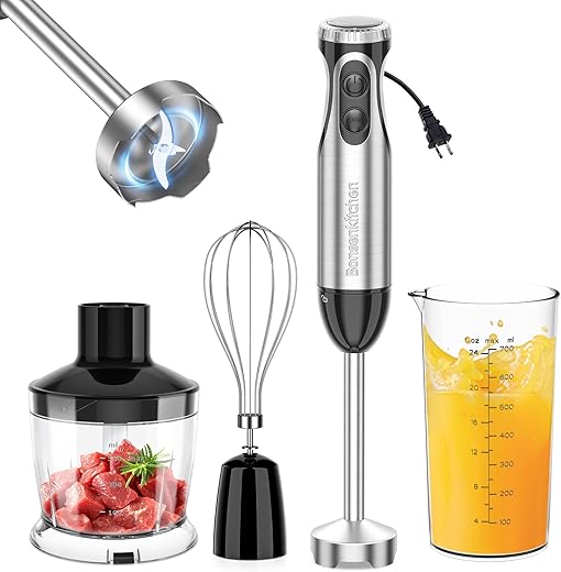Bonsenkitchen Immersion Blender, 20 Variable Speeds & Turbo, 4-In-1 Stainless Steel Handheld Blender Stick Mixer with Egg Whisk, Beaker & Chopper Bowl