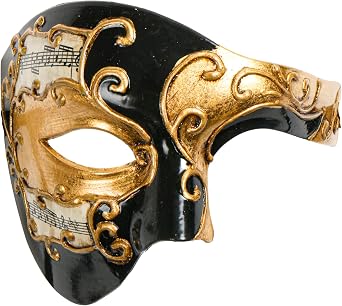 Phantom of the Opera Half Face Mask Black & Gold Masquerade Mask with Musical Notes, Venetian Costume Mask for Men & Women, Masquerade Ball, Halloween, Mardi Gras Mask Cosplay