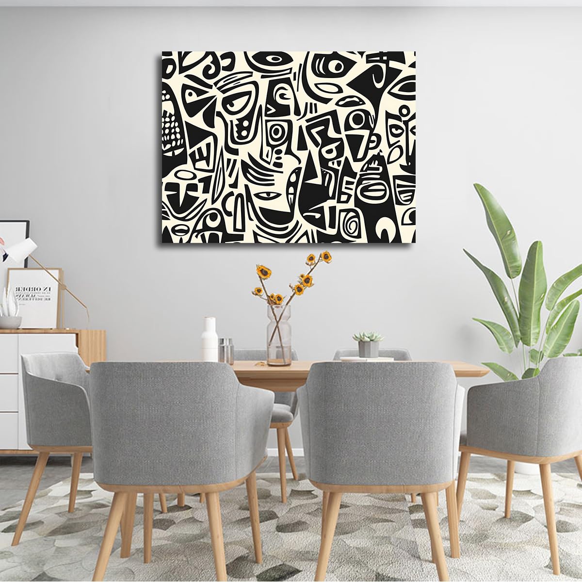 TOANGWALL Minimalistyczna afrykańska etno oprawiona sztuka ścienna do sypialni, czarno-biała, abstrakcyjny wzór, grafika, grafika, grafika, grafika, na loft, wejście, do jadalni, dekoracja 50 x 60 cm
